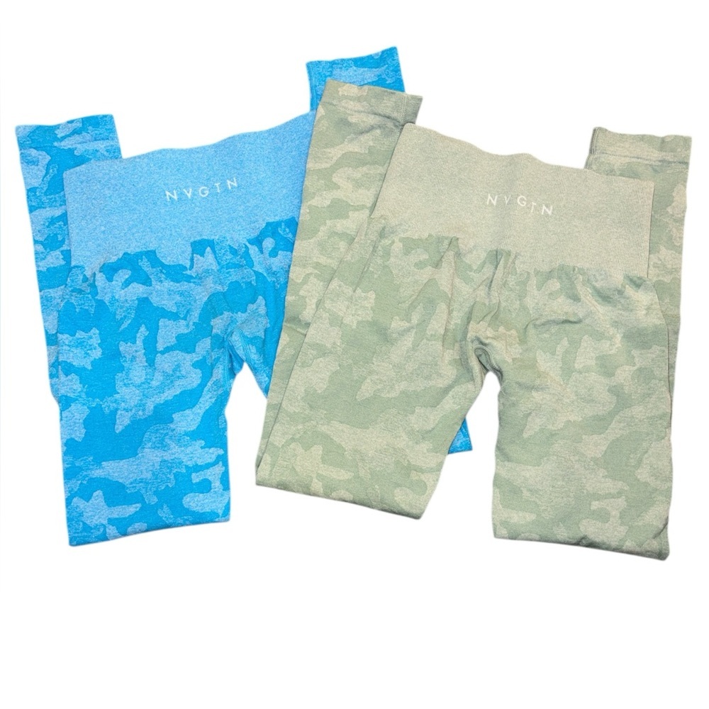 NVGTN Seamless Camo Leggings – Caribbean Blue & Sage Green (XS, Bundle of 2)